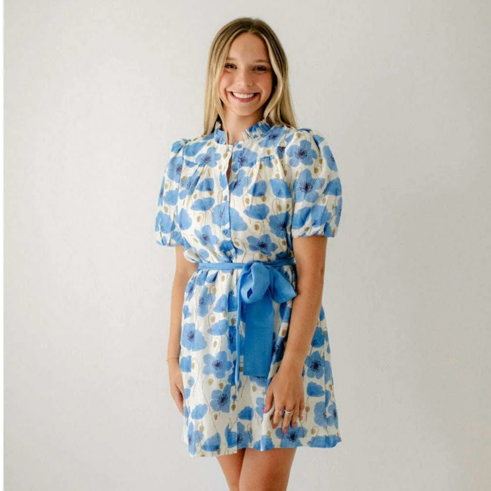 Joy*Joy Blue Floral Puff Sleeve Dress NWT